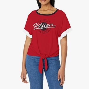 Tommy Hilfiger Women's Red/white Short Sleeve Logo Tie-Front Tee S